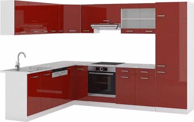 Cucina angolare moderna Vicco R-Line Rosso lucido e Bianco con ante in vetro e illuminazione integrata L 287 x P 227 cm – 1