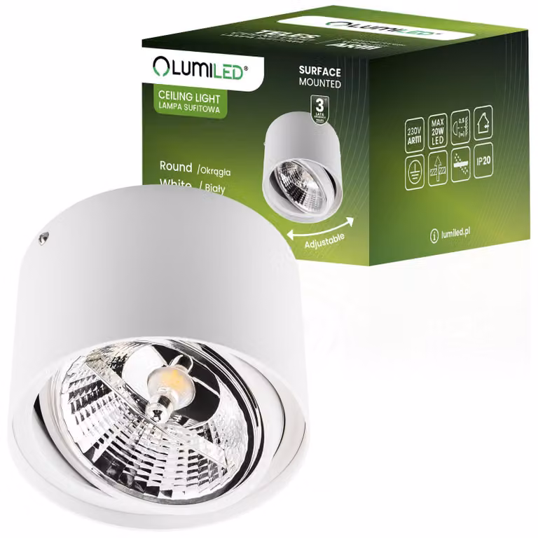 Lampada a soffitto, modello spot alogeno, con attacco GU10 o AR111, orientabile, forma rotonda, colore bianco, diametro 100mm, marca TELES LUMILED