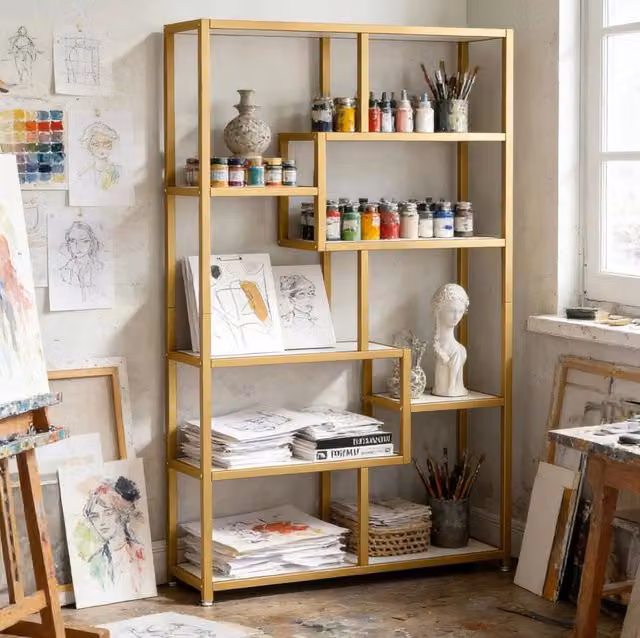 Libreria ULEVR 180x100x20 cm con 8 ripiani aperti, struttura in metallo dorato e ripiani bianchi effetto marmo
