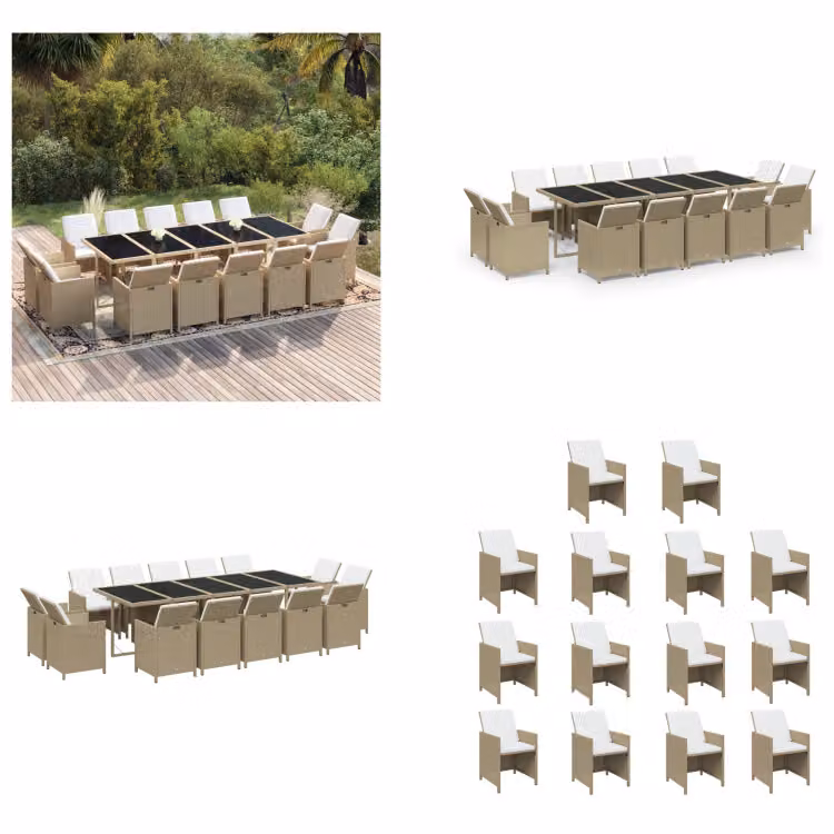 vidaXL Set da pranzo da giardino 15 pezzi con cuscini in polyrattan beige - Set da pranzo da giardino - Set da pranzo da giardino - Set da pranzo in polyrattan - Set da pranzo da esterno