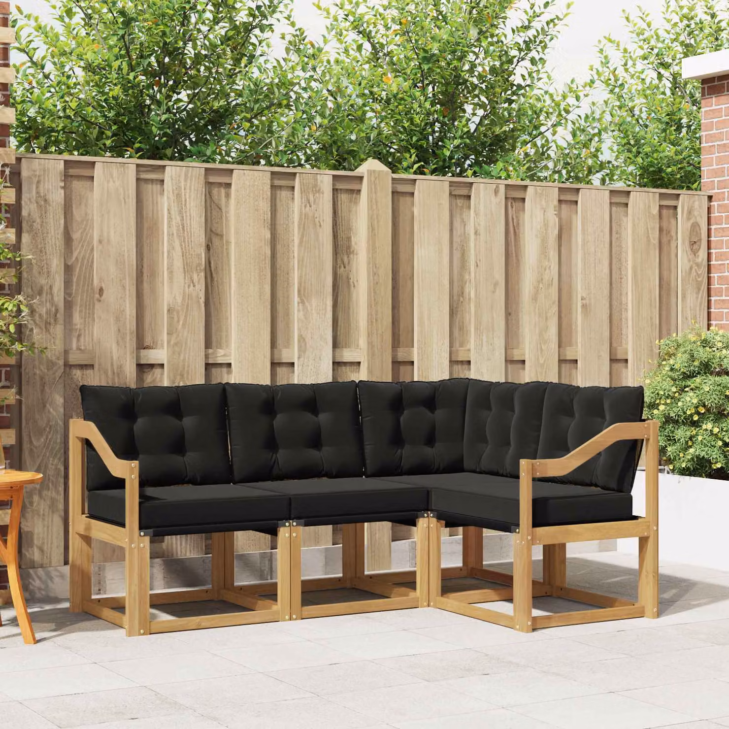 Set di divani da esterno a L vidaXL in legno di acacia con cuscini, Bianco, Nero e Marrone