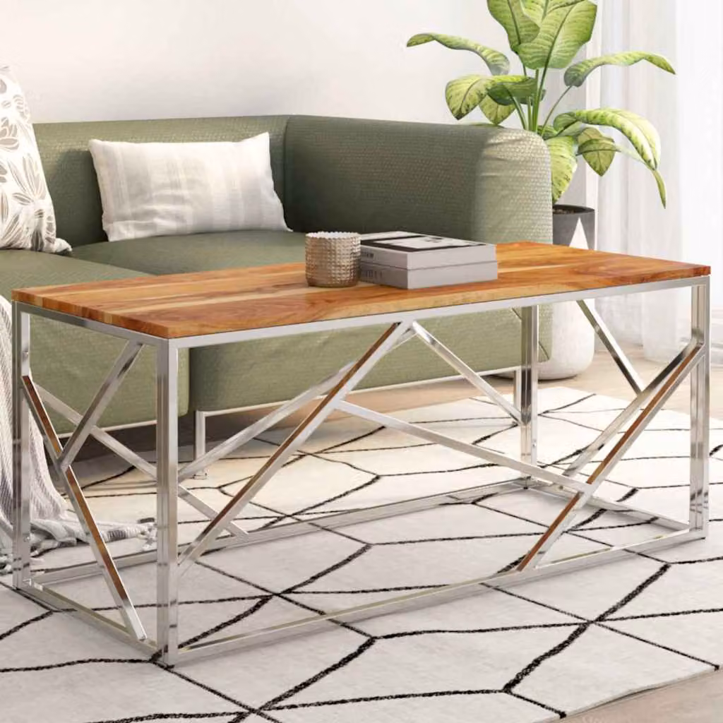 vidaXL Tavolino da Salotto Moderno in Legno di Acacia e Acciaio Inox Argento, L/P/H: 110 x 45 x 45 cm