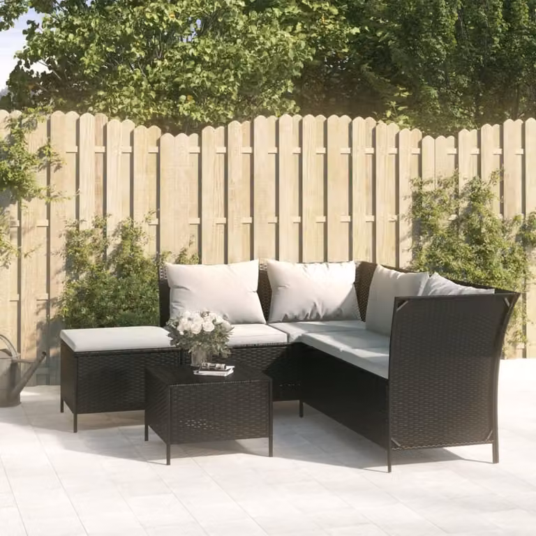 The Living Store Set da giardino 4 pezzi con cuscini in poly rattan nero