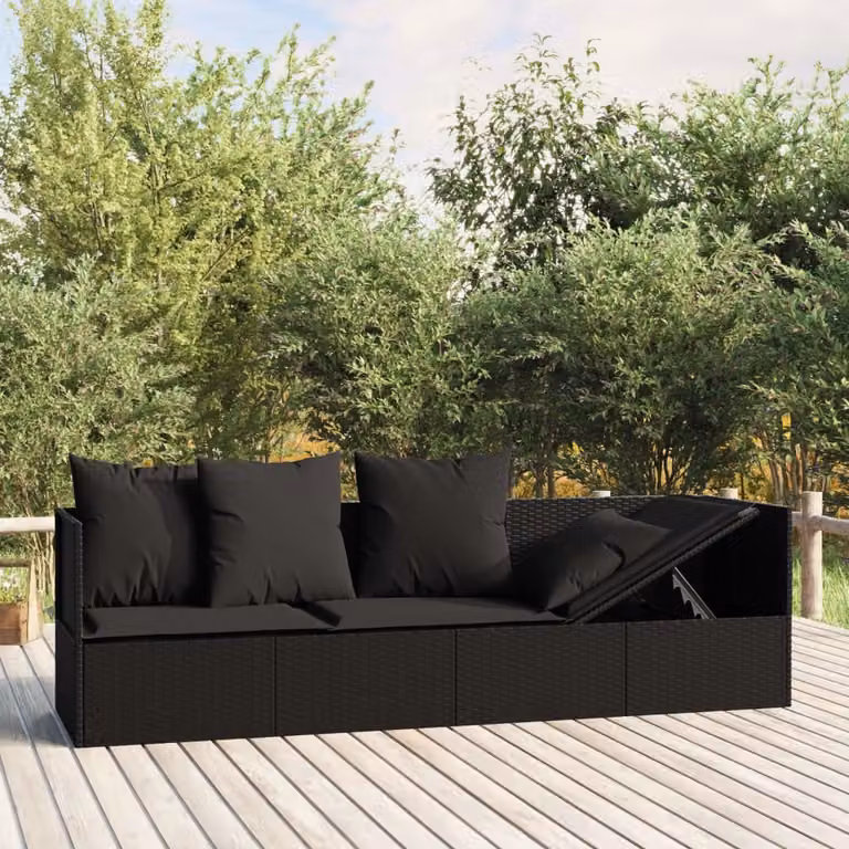 vidaXL Lettino Prendisole da Esterno in Polyrattan Nero con Cuscini in Tessuto Resistente ai Raggi UV
