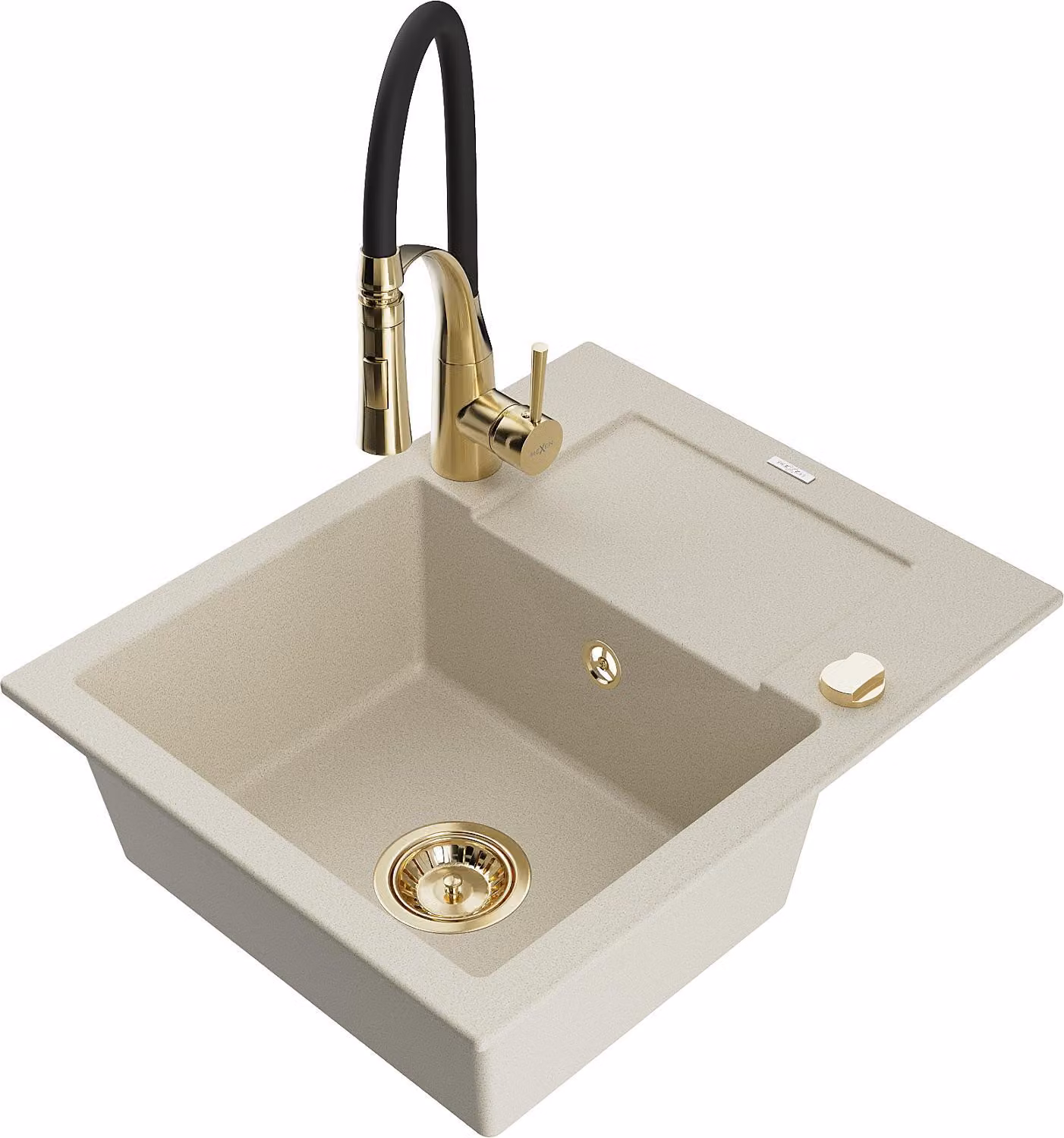 Mexen Enzo lavello da cucina in granito a 1 vasca con scolapiatti e rubinetto da cucina Aster, beige - 6506-69-73450-57-G