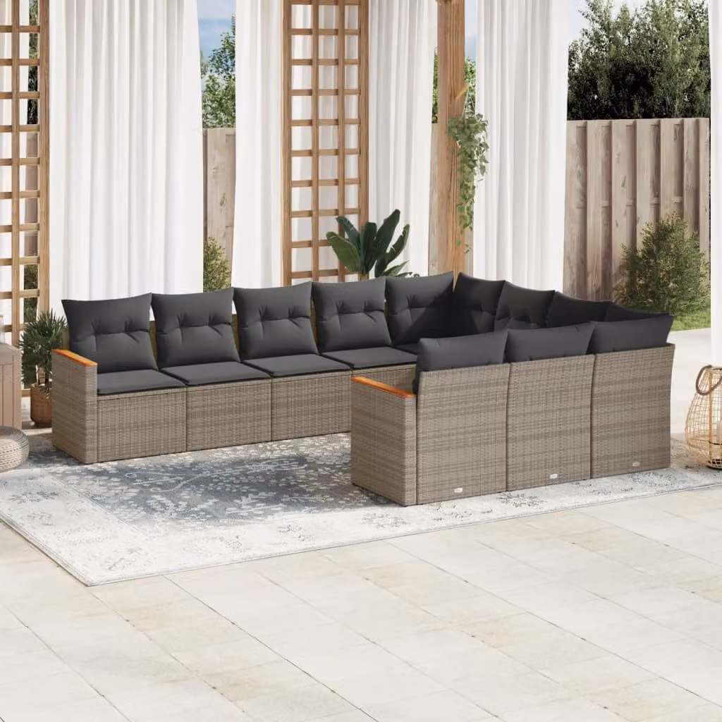 Set Divano da Giardino vidaXL 10 pz a Forma a L con Cuscini Grigio in Polyrattan e Acciaio Verniciato a Polvere – 1