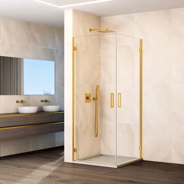 Box doccia angolare DUCHA con 2 porte battenti in vetro trasparente e finitura oro, L/P: 48,5-50,5 x 73,5-75,5 cm