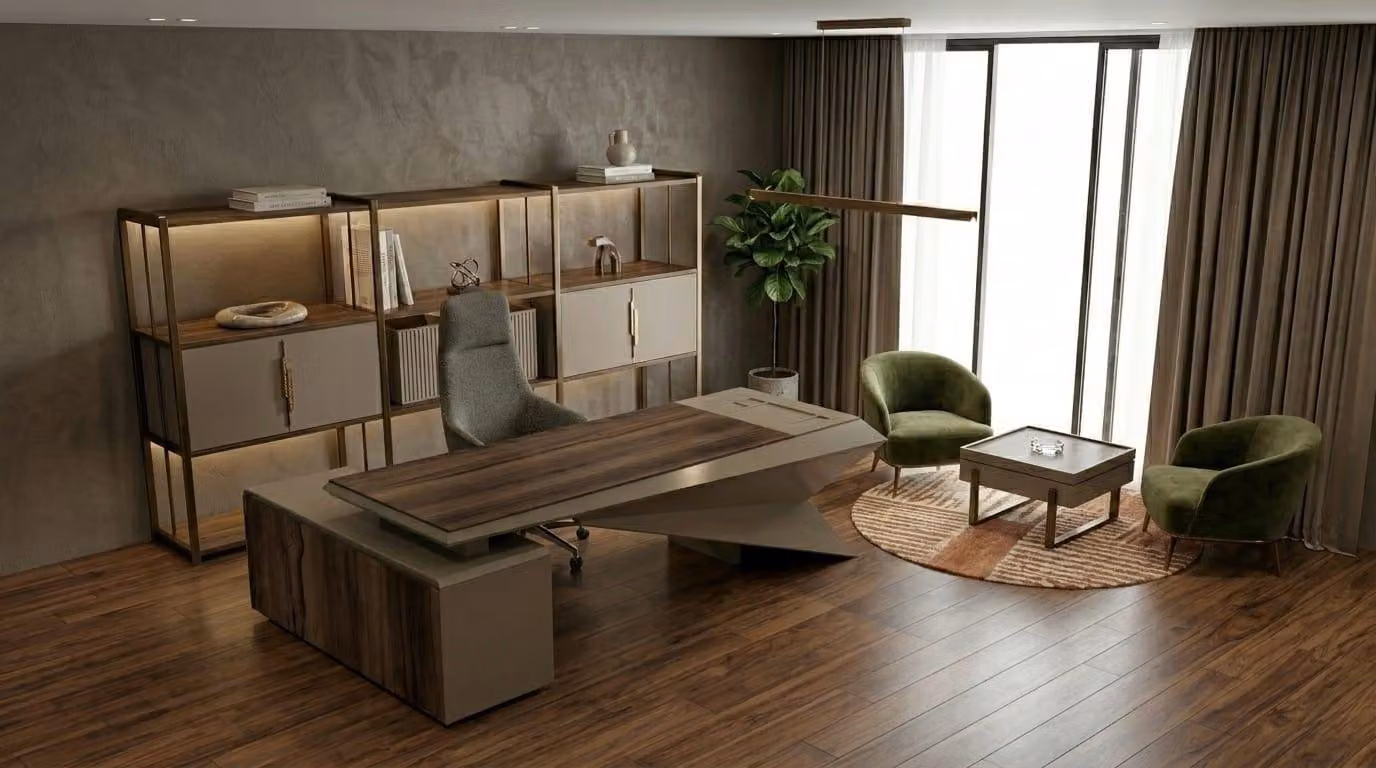 Set da ufficio moderno: scrivania, mobile contenitore, libreria, design