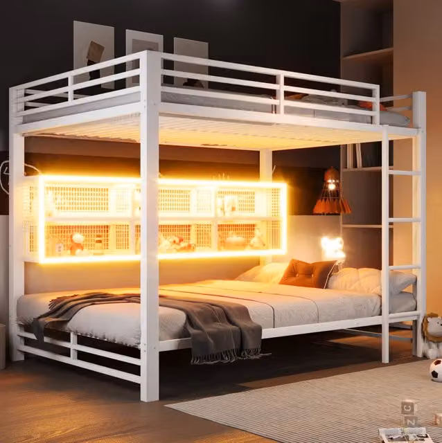 Letto a castello 140x200 cm in metallo bianco con 6 armadietti e LED HAVRYA