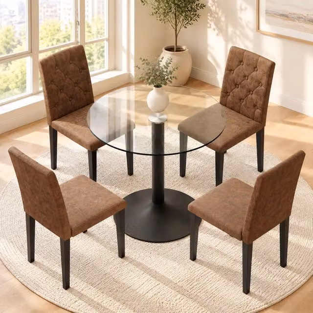 Set da pranzo Mivray composto da tavolo rotondo con piano in vetro trasparente e 4 sedie, colori marrone, nero e trasparente