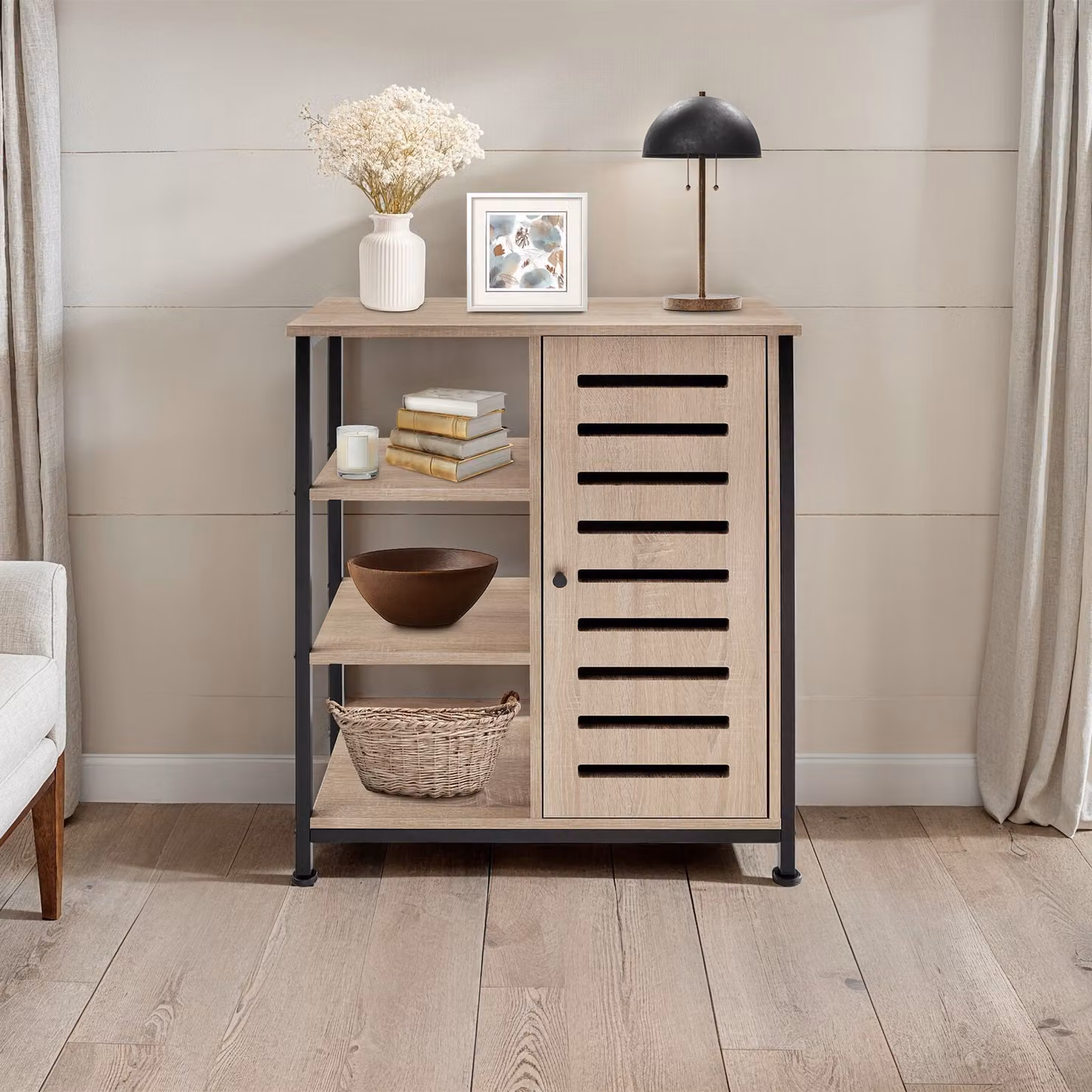 Credenza in stile industriale tectake in rovere e metallo, colore beige, L: 71 cm, P: 32 cm, H: 82 cm – 2