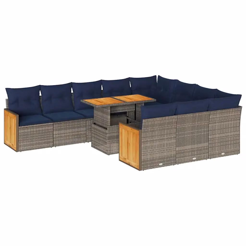 Set di divani da giardino vidaXL in legno di acacia oliato e rattan con 11 pezzi e cuscini grigi e blu – 2