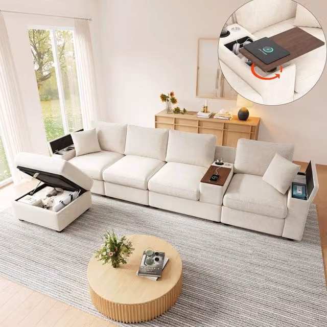 Divano modulare angolare 5 posti con contenitore, prese USB e tipo C, tavolino girevole in ciniglia beige