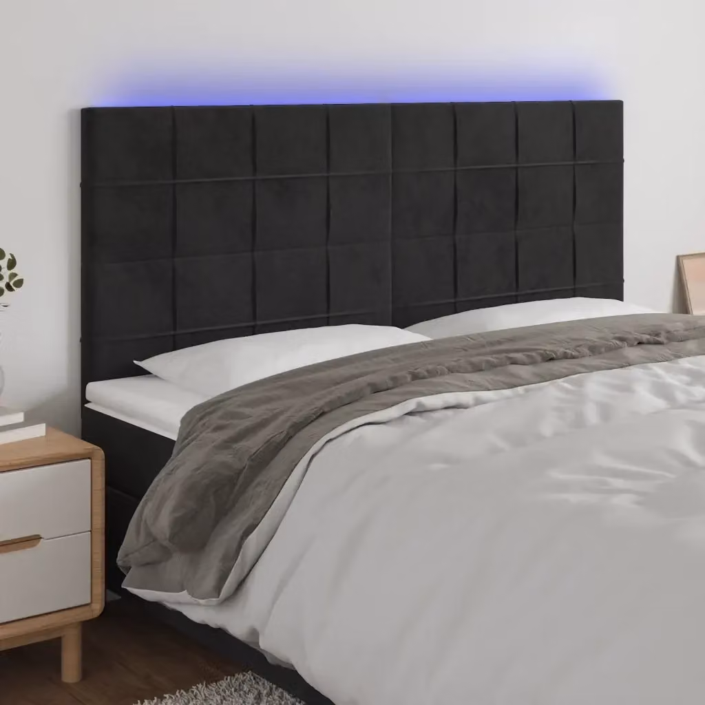 Testata del letto in velluto nero con illuminazione LED integrata e porta di ricarica USB, L 180 cm x P 5 cm x H 118/128 cm – 2