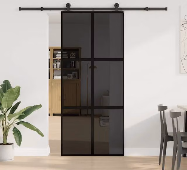 Porta Scorrevole Moderna vidaXL in Vetro Trasparente e Alluminio Nero L: 90 cm, H: 205 cm