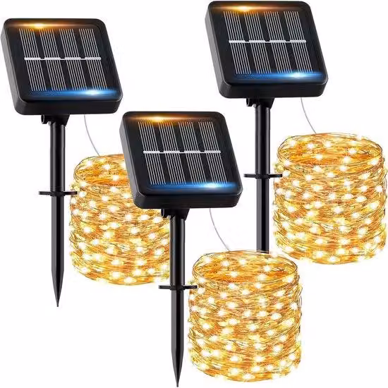 Illuminazione solare da esterno, 12 metri - 120 LED - Grado di protezione IP65 (resistente all'acqua) - 8 modalità - Ideale per giardino, feste, decorazioni natalizie - Accensione/spegnimento automatico - Luce bianca calda - Confezione da 3 pezzi