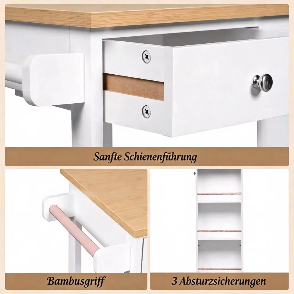 Carrello da cucina moderno REDOM in bambù e MDF bianco con ruote L/P/H: 56,5 x 37 x 87 cm – 2