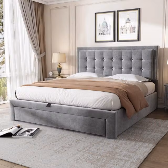 Letto contenitore imbottito 140 x 190 cm; contenitore con sollevamento idraulico; 2 cassetti; testiera; rete a doghe in legno; velluto; grigio