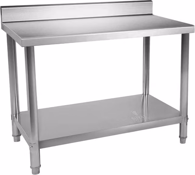 Tavolo da lavoro professionale in acciaio inox per cucina con alzatina, colore argento, L: 120 cm, P: 60 cm, portata 110 kg
