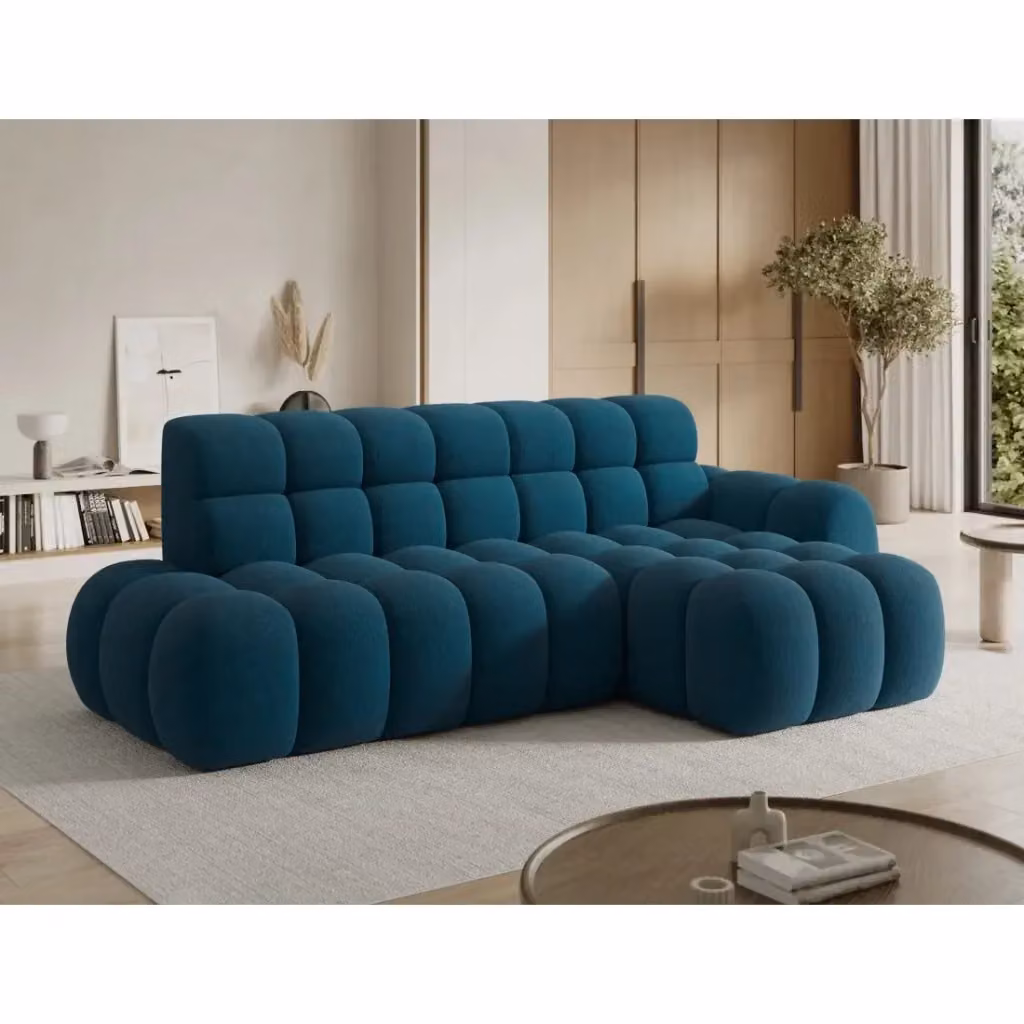 Divano ad angolo convertibile BULLA MEUBLORAMA a 3 posti blu con tessuto bouclé, angolo destro e estensione elettrica della seduta – 2