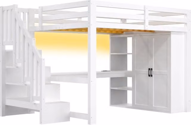 Letto a soppalco 140x200 cm con scrivania, scaffali, armadio, scaletta contenitore, USB e luci LED, bianco