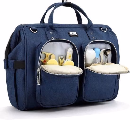 Borsa da viaggio blu con cuscino idrorepellente, cinturino con clip per passeggino e tracolla regolabile in metallo