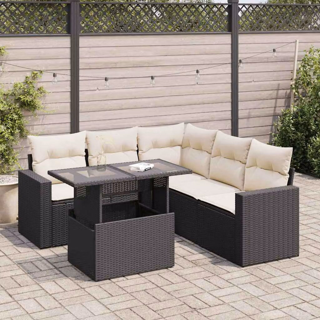 Set Divano da Giardino a L vidaXL 6 pz con Cuscini e Tavolino Nero in Polyrattan e Acciaio