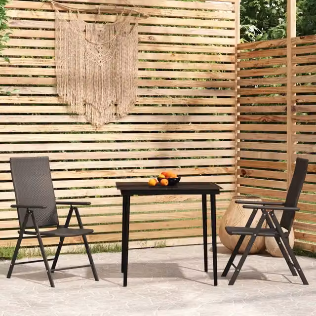 Set da pranzo da giardino vidaXL in metallo nero con piano in vetro e 3 sedie pieghevoli