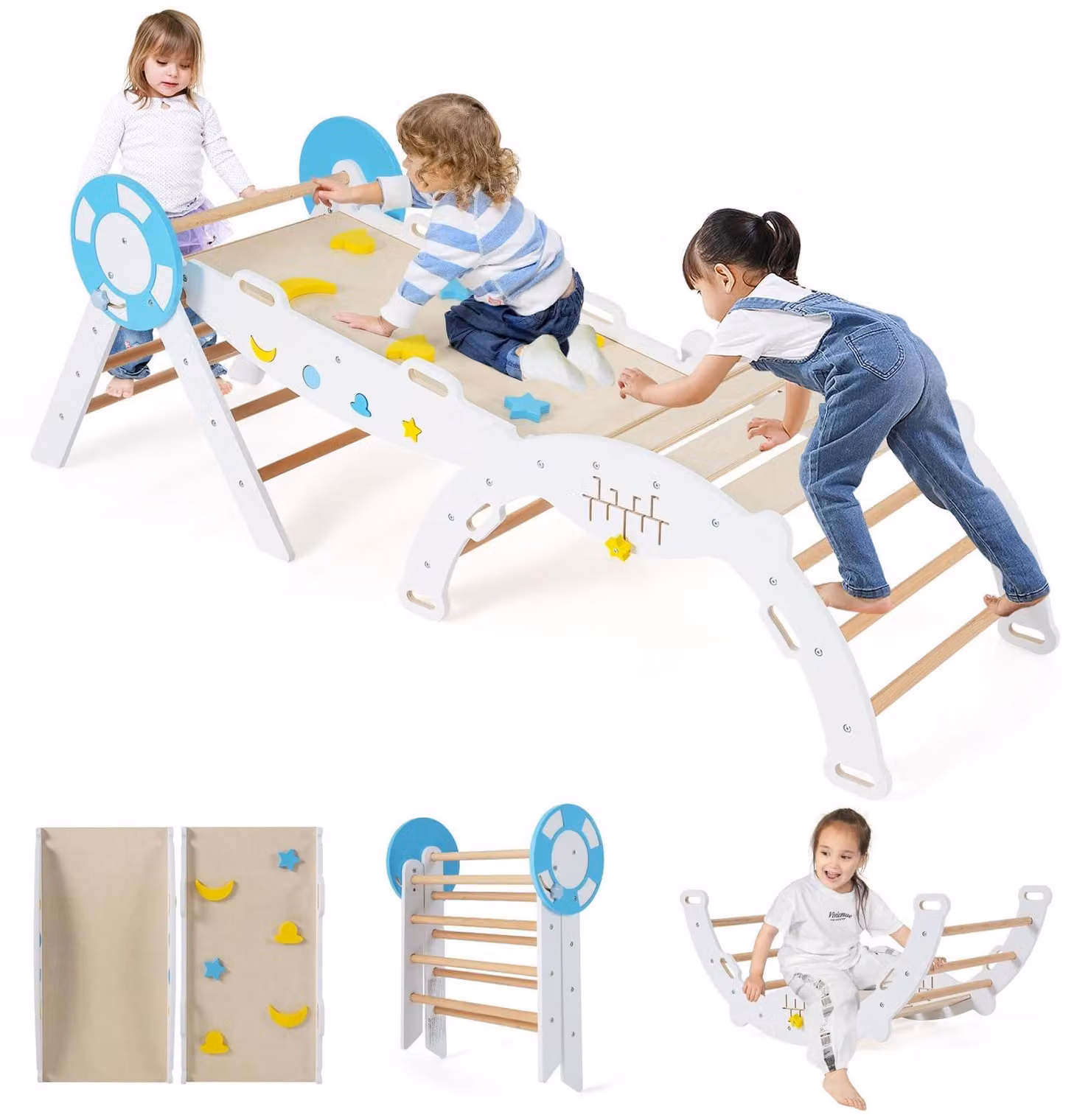 Struttura da gioco indoor 7 in 1 FANTASK, set da arrampicata a triangolo con scivolo, per arrampicata