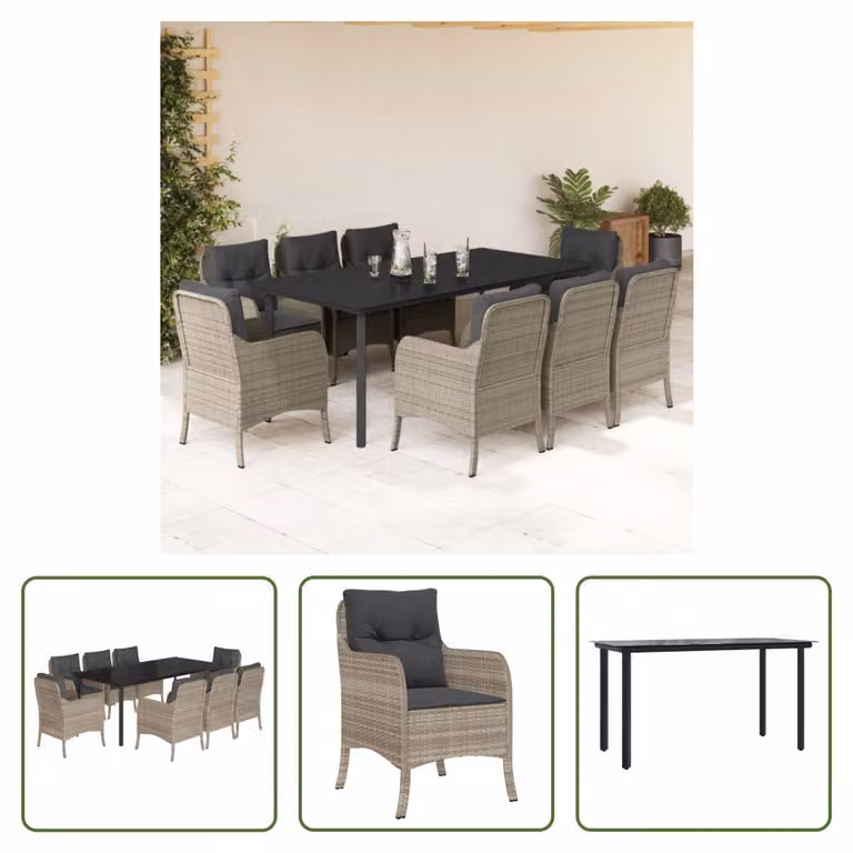 The Living Store Set da pranzo da giardino 9 pezzi con cuscini in poly rattan grigio chiaro