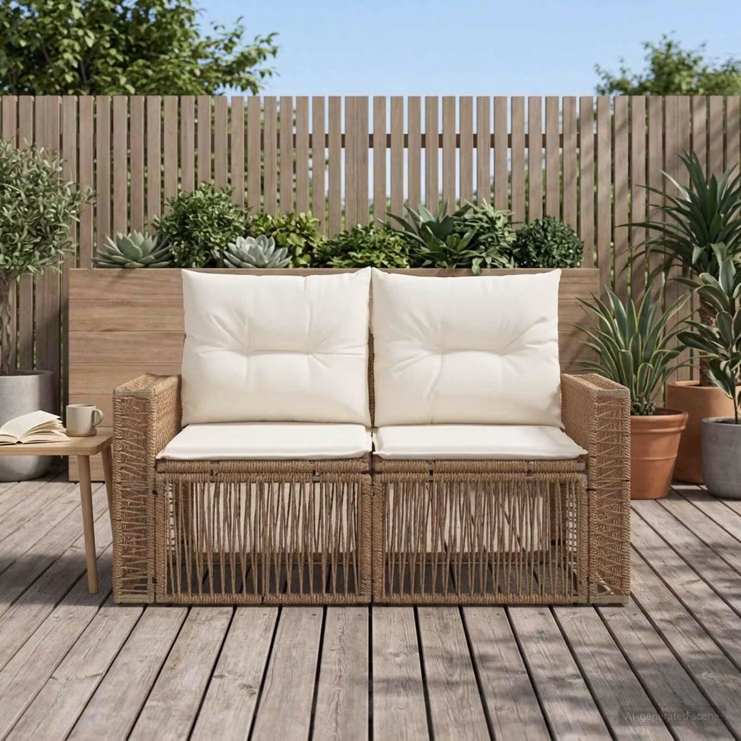 Divano da giardino a 2 posti vidaXL in polyrattan beige con cuscini inclusi