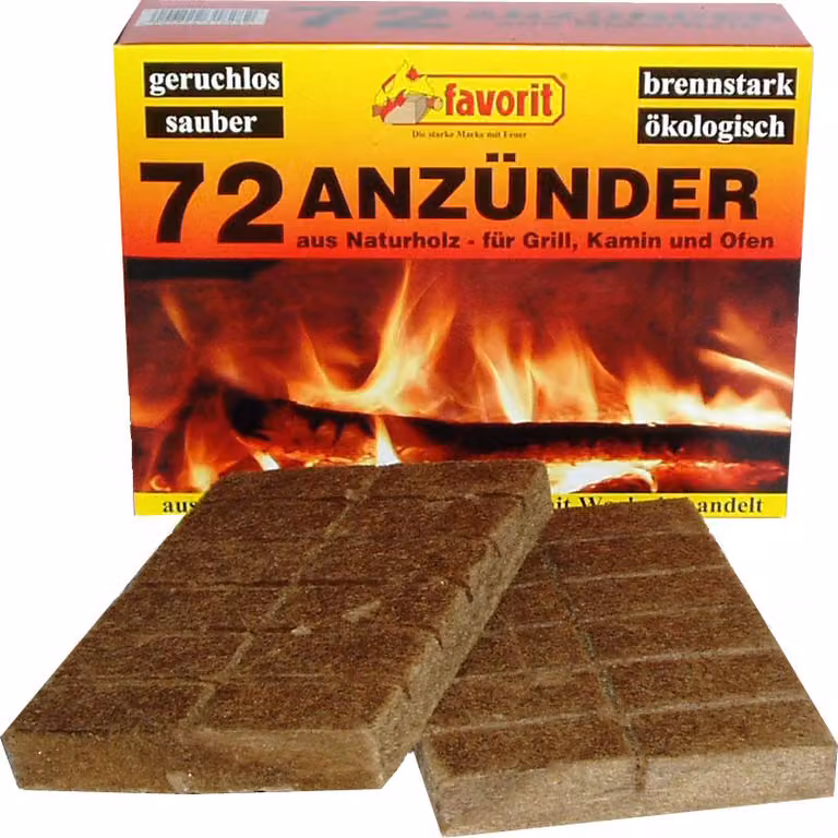Favorit Anzünder für Grill, Kamin, Ofen, aus Echtholz, Wachs; 72 Stück, 1828