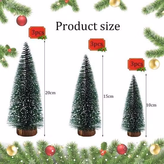 Set di mini alberi artificiali - 9 pezzi - Verde con effetto neve - 10/15/20 cm - Base in legno - Decorazioni natalizie