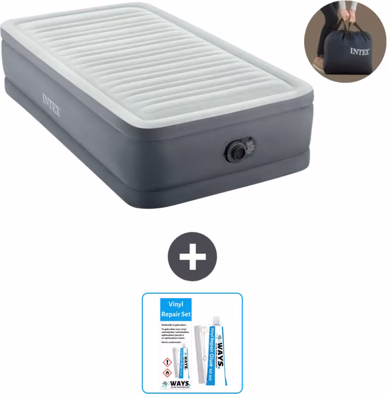 Intex Airbed - 1 persona - 99 x 191 x 46 cm - Grigio - Pompa inclusa - Kit di riparazione