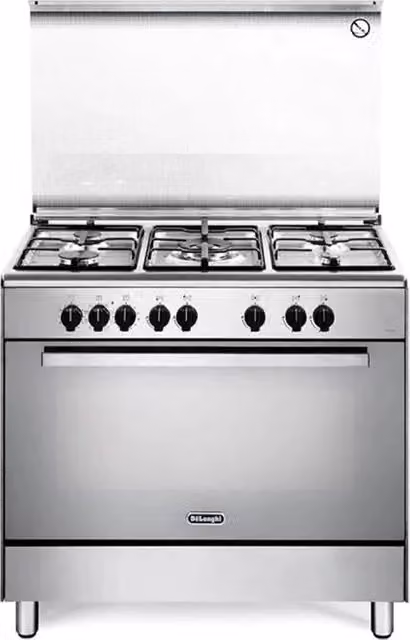 Cucina a gas De'Longhi DEMX 96 SG con 5 fuochi, forno elettrico multifunzione da 83 L, Classe A, colore Silver, L/P/H: 88,7 x 90 x 60 cm