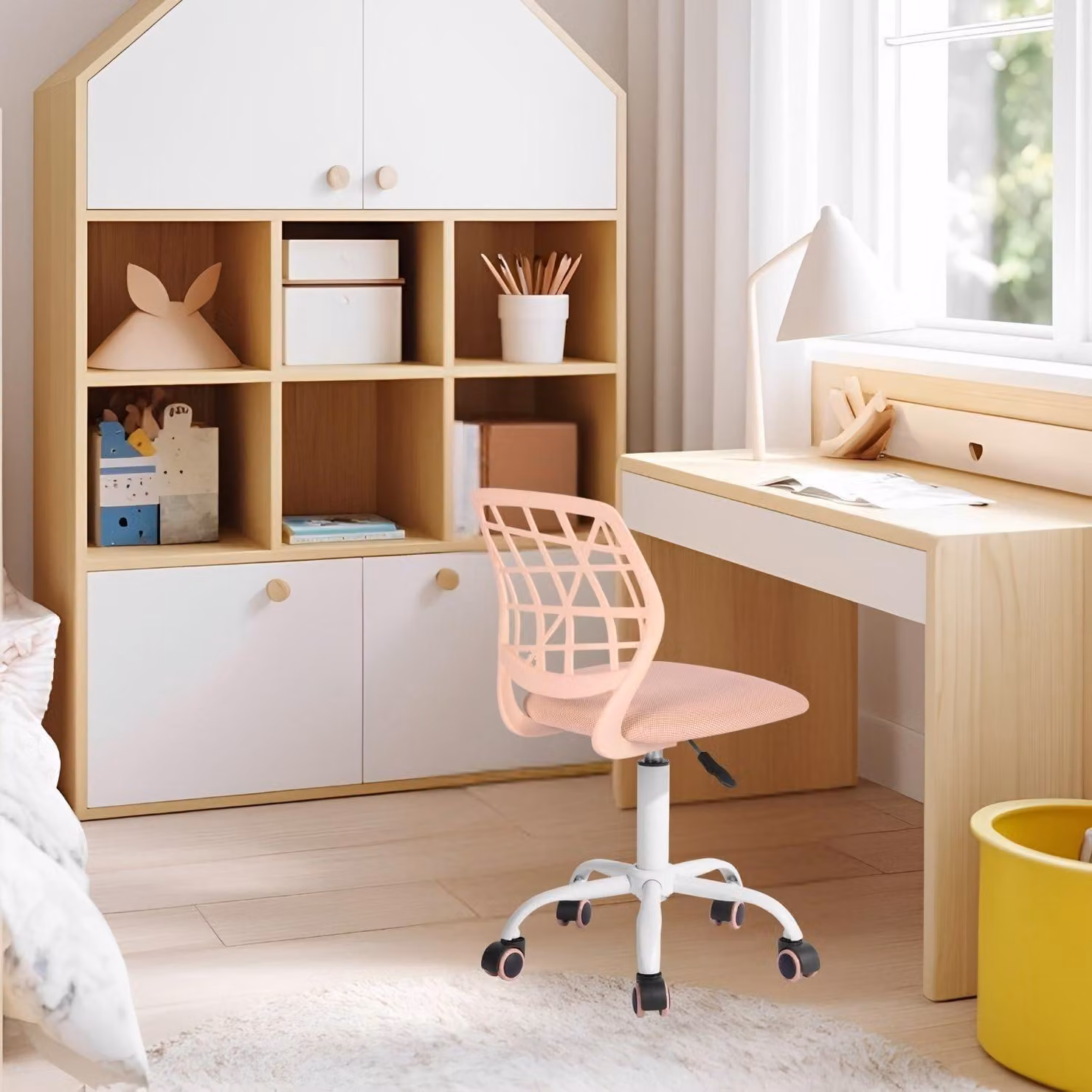 Sedia girevole per bambini, regolabile in altezza, ergonomica, con 5 ruote, colore: pesca