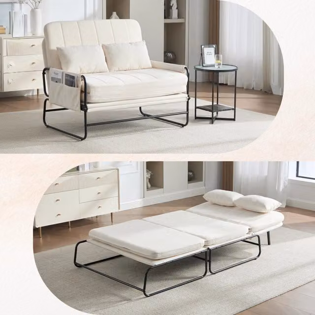 Divano letto 2 posti estraibile ¨C Minimal ¨C Beige tessuto chenille struttura metallica con spazio contenitivo