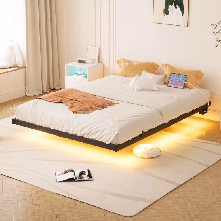 Letto matrimoniale sospeso con illuminazione a LED e base di ricarica, in metallo, dimensioni 150x200 cm