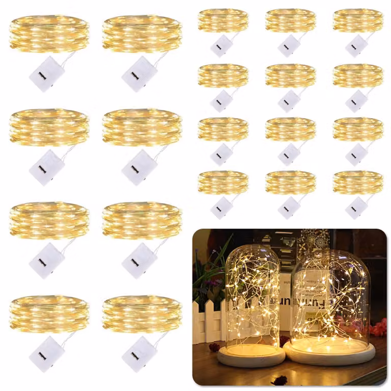 Mini catena luminosa, set da 20, lunghezza 2 metri, 20 LED, alimentazione a batteria, 3 modalità, luce bianco caldo