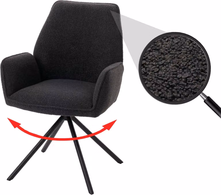 Sedia da pranzo HWC-G67, sedia da cucina con braccioli, girevole, con sistema di blocco automatico della posizione, rivestita in tessuto bouclé, colore grigio scuro