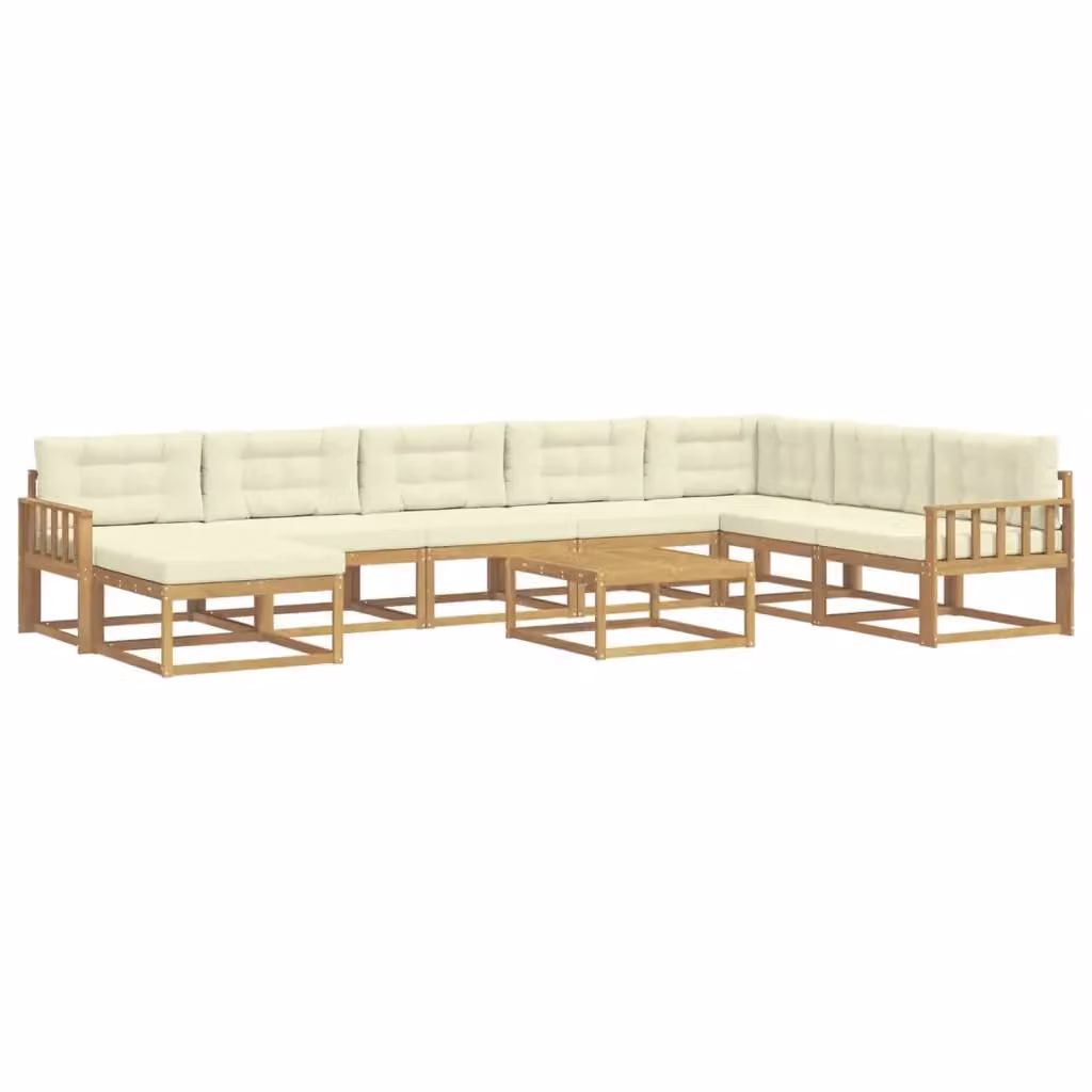 Set di divani da esterno a forma di U vidaXL in legno di acacia con tavolino e pouf, Bianco e Beige – 2