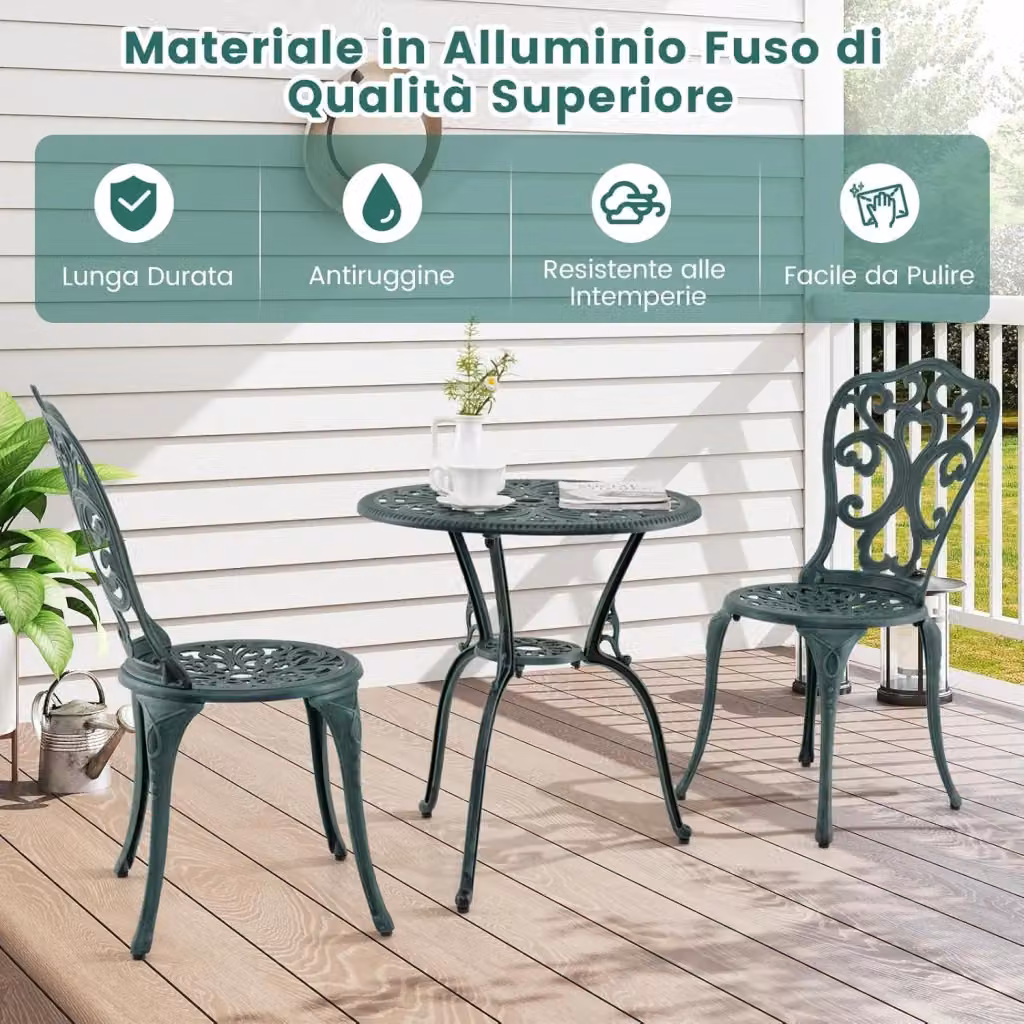 Set da Bistro da Esterno a 3 Pezzi Costway in Alluminio Verniciato a Polvere con Tavolo Rotondo e Sedie per Giardino e Terrazza, Verde e Bianco – 2