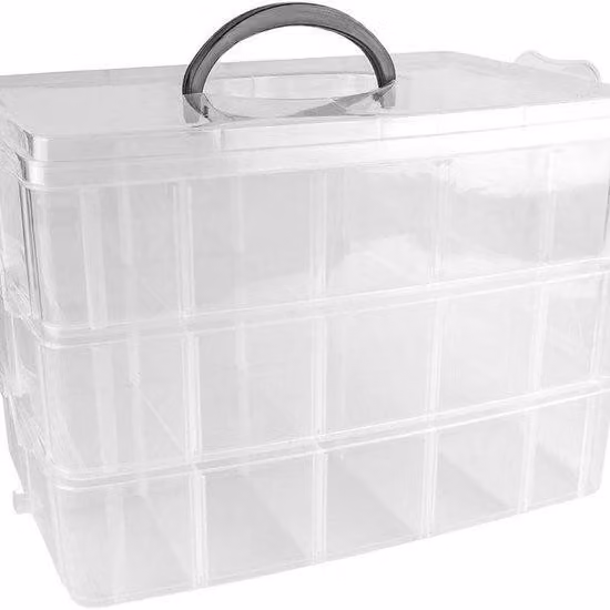 Scatola portaoggetti per piccoli oggetti - 30 scomparti - trasparente - 26 x 185 x 17 cm - con coperchio e maniglia Scatola portaoggetti per cucito