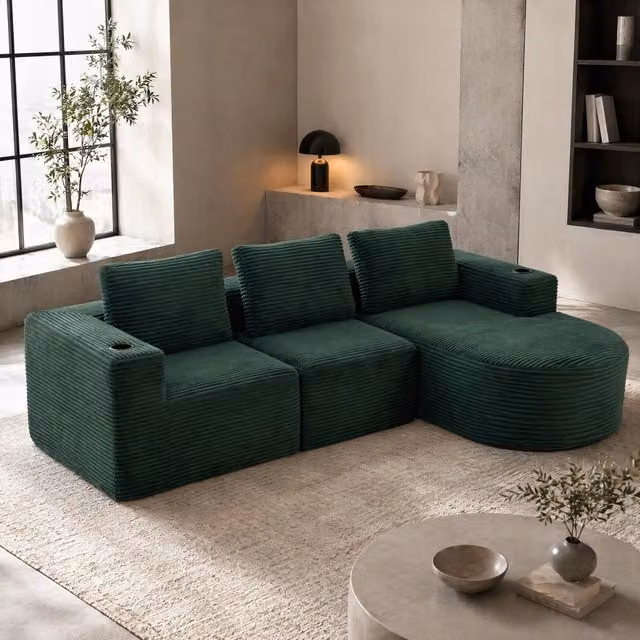 Divano a 2 posti MIVRAY in tessuto verde stile retrò con cuscini e portabicchieri per soggiorno o ufficio L: 265 cm, P: 60 cm, H: 60 cm – 1