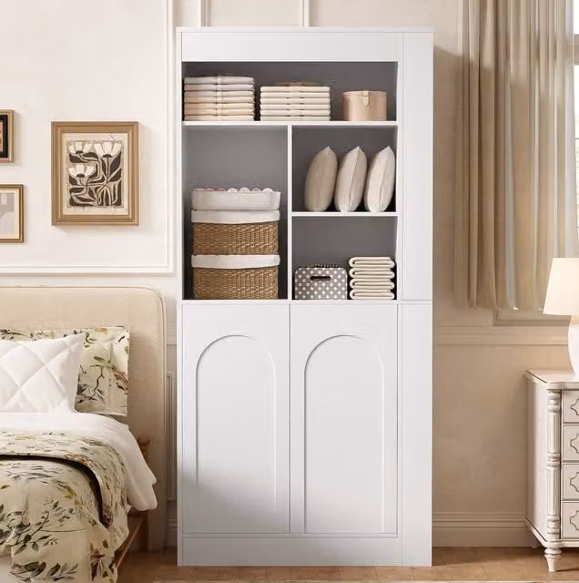 Armadio alto multifunzione bianco 85×35×180 cm con ante, ripiani laterali e spazio aperto