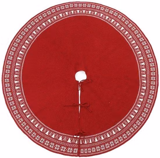 Tappeto con albero di Natale decorato, 122 cm, tessuto a trama larga, rosso, albero di Natale, motivo a fiocchi di neve.
