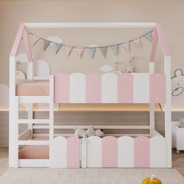 Letto a castello per bambini 90x200 cm a forma di casetta; rosa e bianco