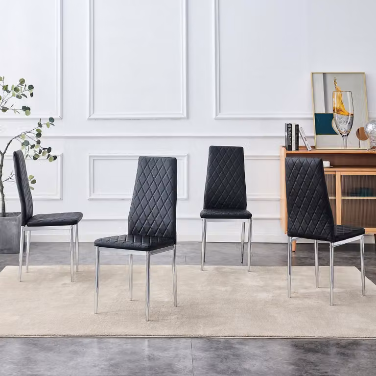 Set di 4 sedie da pranzo MODFU, sedia da cucina con motivo a rombi, poltrona imbottita con schienale alto e gambe in metallo cromato, colore nero
