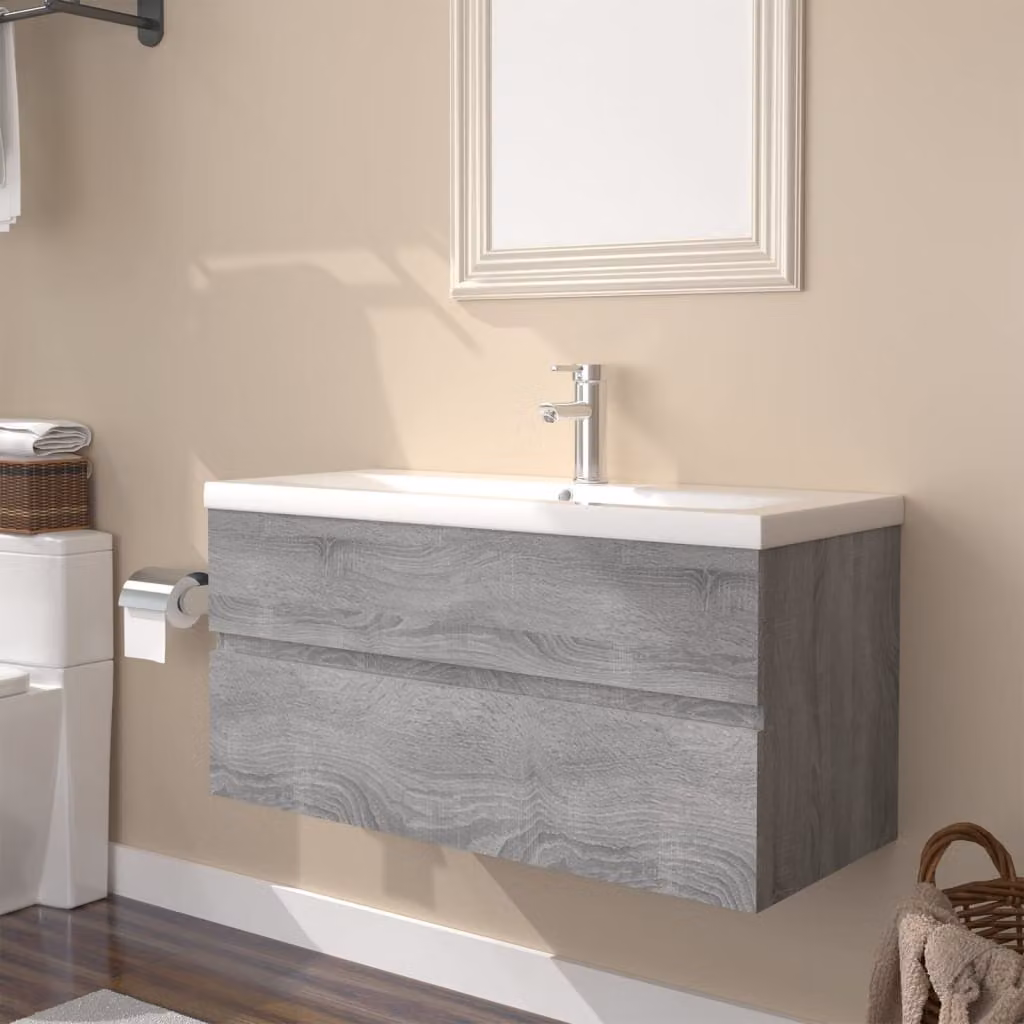 Mobile bagno con lavabo integrato vidaXL moderno in legno e MDF, Grigio Sonoma e Bianco, L/P/H: 90 x 38,5 x 45 cm