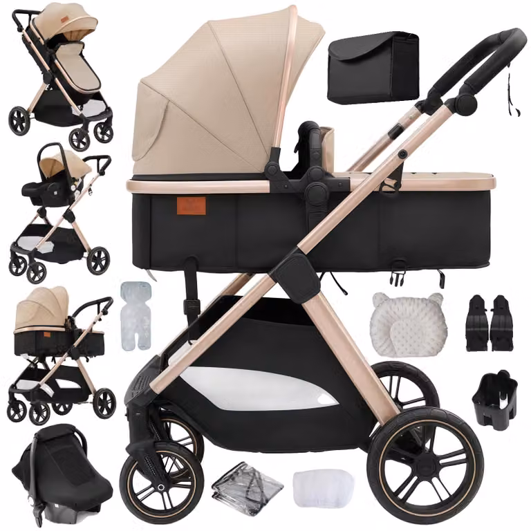 Passeggino per bambini, design 3-in-1, leggero e pieghevole, colore beige V10